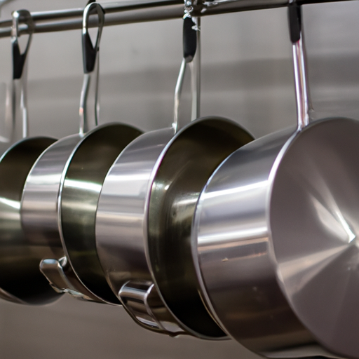 Shiny stainless steel pots and pans hanging on a kitchen rack.