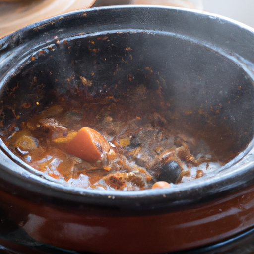 A steaming bowl of hearty stew cooked in a dutch oven.