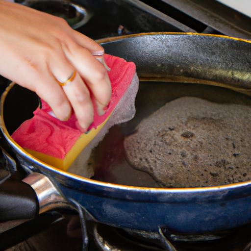 A person cleaning a non-stick pan with a soft sponge and mild dish soap.