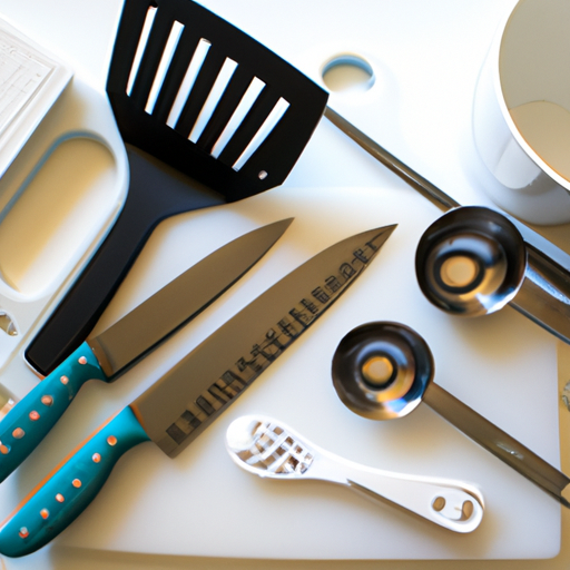 Essential kitchen utensils including a chef's knife, cutting board, measuring cups, and spatula.