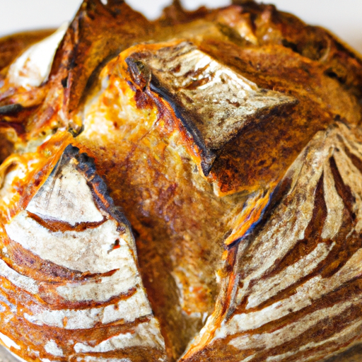 Freshly baked artisan bread, golden brown and crusty, made in a dutch oven.